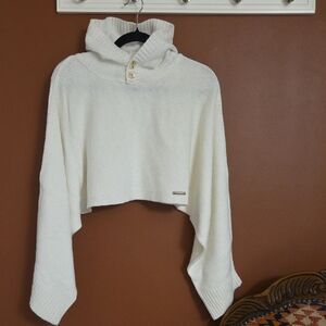 Polo Garage White Hooded Knit Poncho Sweater One Size